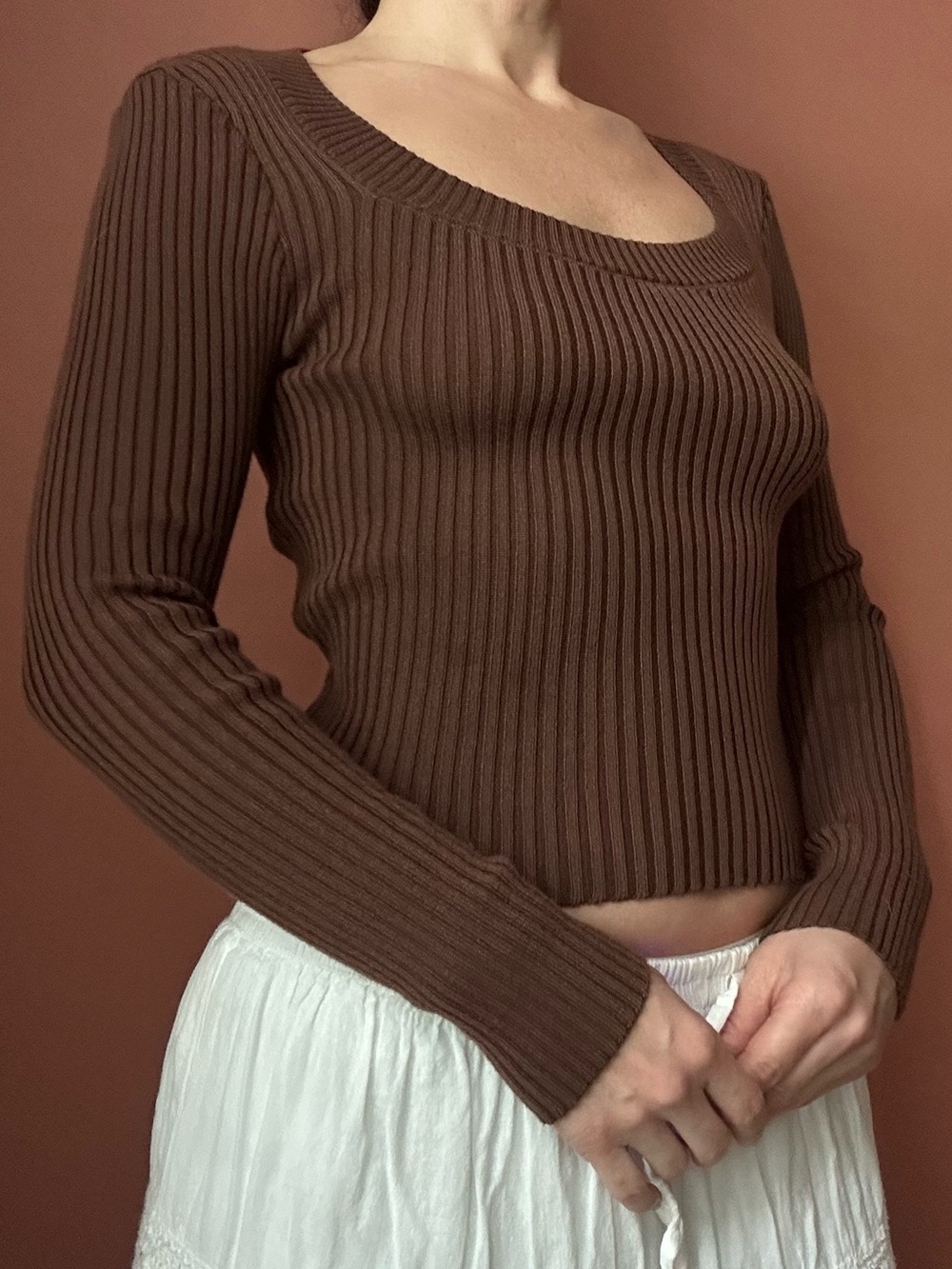 Ribbed Scoop Neck Brown Knit Top